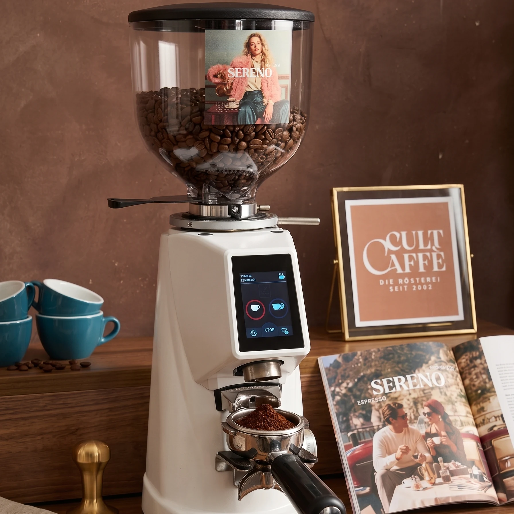 Muehle mit SERENO-Bohnen, CultCaffè-Rahmen und aufgeschlagenem SERENO-Magazin